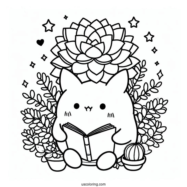 Pompompurin Reading While Surrounded By Succulent Coloring Page