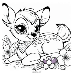Detailed Coloring Sheet Of Bambi With Flower And Violet