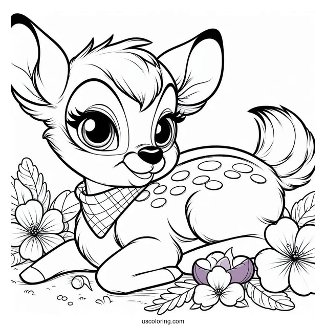 Detailed Coloring Sheet Of Bambi With Flower And Violet