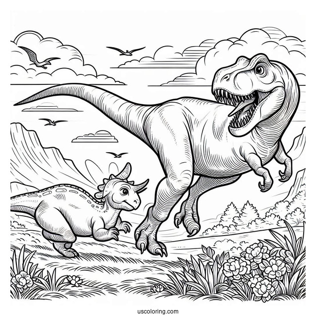 T Rex Chasing Parasaurolophus Coloring Page