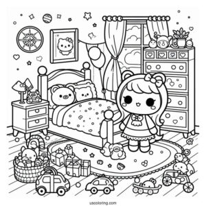 Kawaii Kid's Bedroom Coloring Page Full Of Toys For Kids
