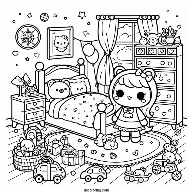 Kawaii Kid's Bedroom Coloring Page Full Of Toys For Kids