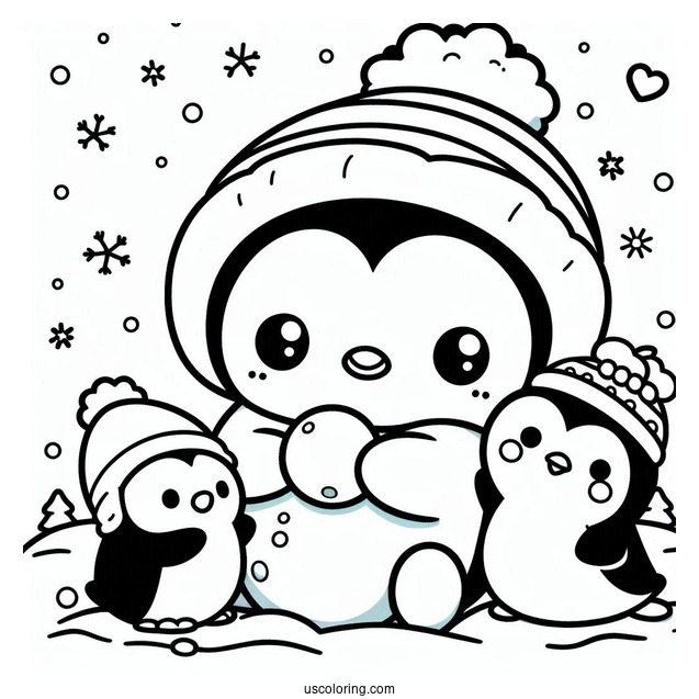 Pochacco Coloring Page And Penguin Making Snow Man For Kids