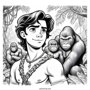 Young Tarzan Coloring Page Surrounded By Gorilla Family