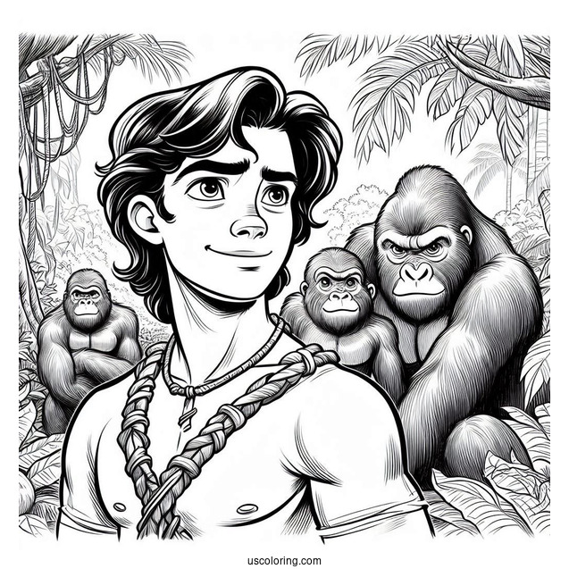 Young Tarzan Coloring Page Surrounded By Gorilla Family