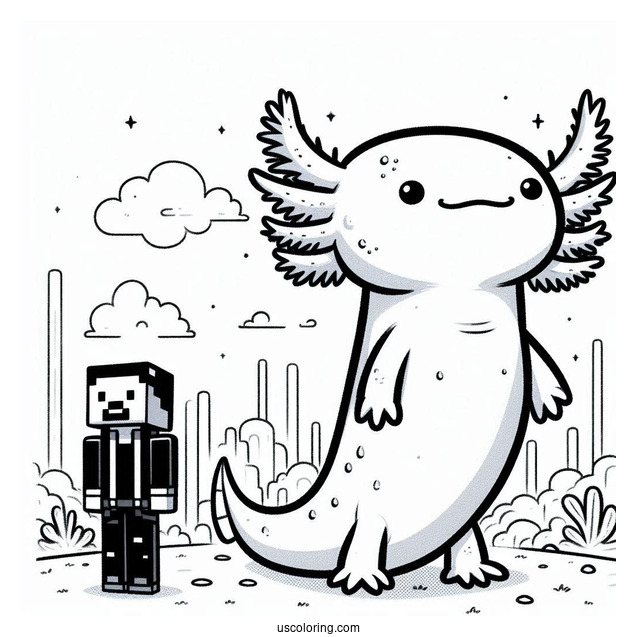 Axolotl Coloring Page Standing Beside Minecraft Steve
