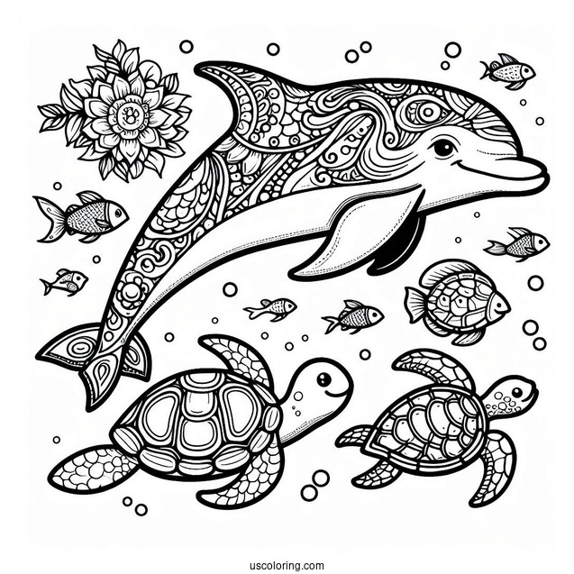 Dolphin Swimming With Fish And Turtle