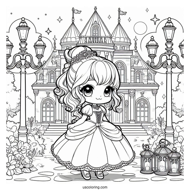 Chibi Cinderella Standing Outside The Castle With Lamps Coloring Sheet For Kids