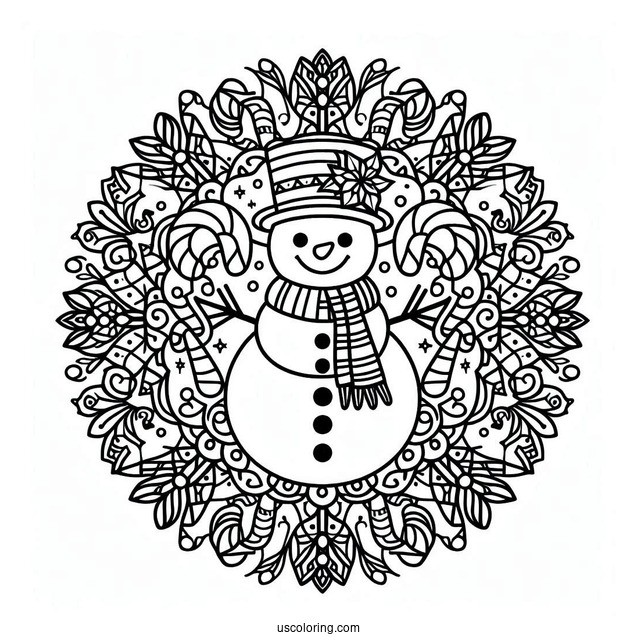 Snowman, Bauble, And Candy Cane Christmas Mandala