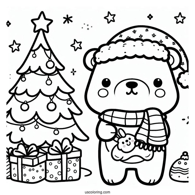 Kawaii Christmas Polar Bear Coloring In