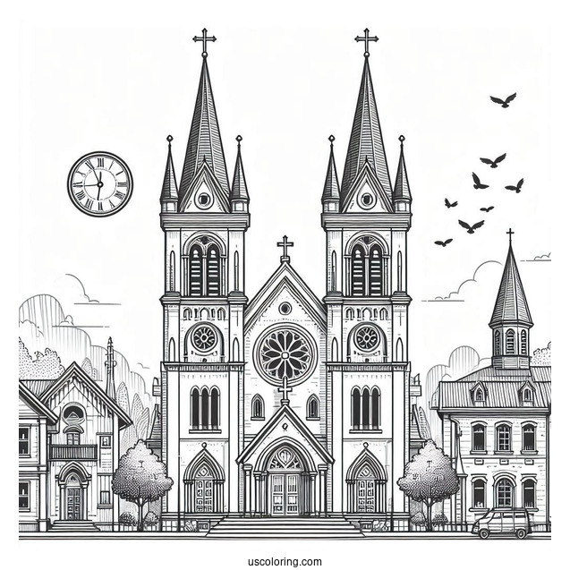 Exterior Of A Big Protestant Church Coloring Page With Clock Towers