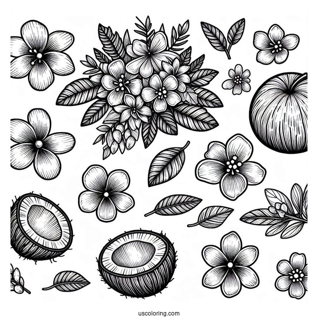 Full Page Flowers And Coconut Coloring Page
