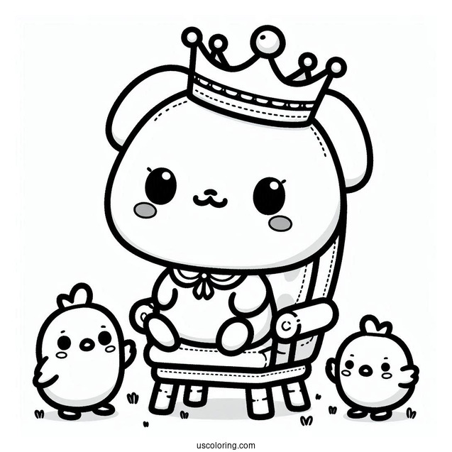 Pochacco Coloring Page Wearing Crown While Sitting On Chair With Choppy And Chicks