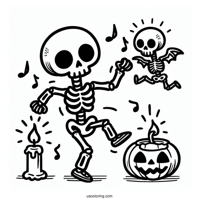 Cartoon Skeleton Coloring Page On Halloween