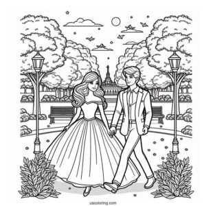 Barbie And Ken Walking In Park To Color