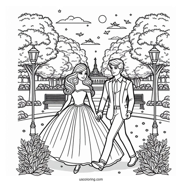 Barbie And Ken Walking In Park To Color