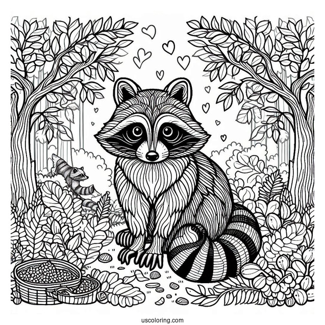 Adult Raccoon Coloring Page In A Forest