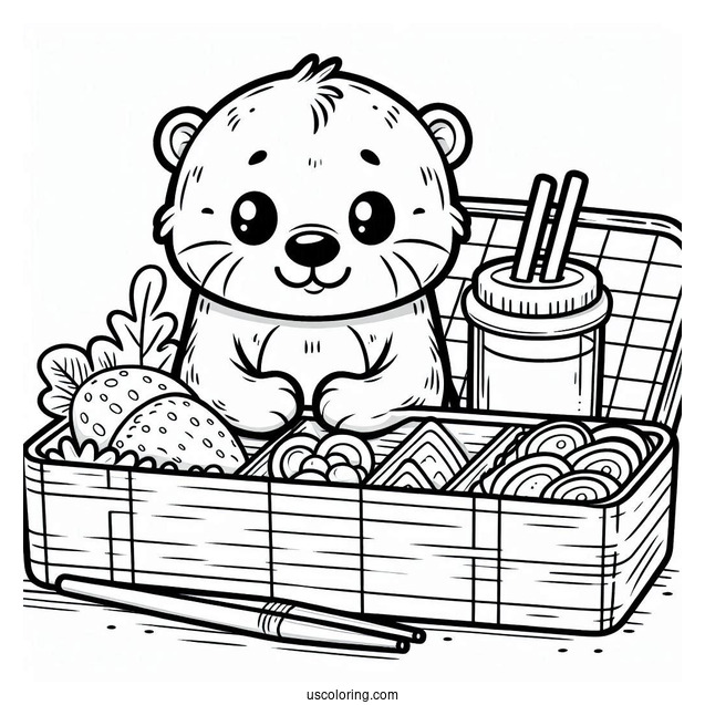 Otter Coloring Page In Bento Box With Cartoon Food