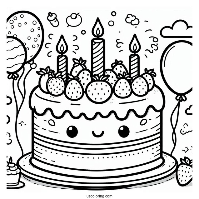 Cartoon Birthday Cake Coloring In For Kids
