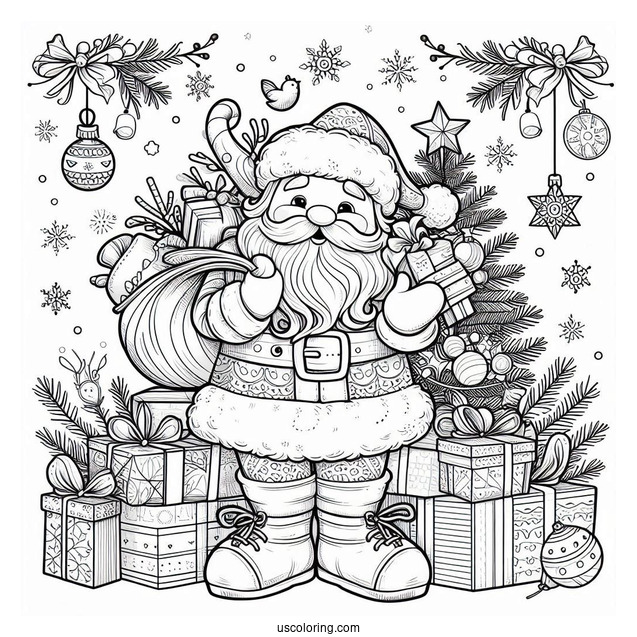 Christmas Coloring Pages For Adults Of Easy Outline Of Realistic Santa Claus Holding Presents Christmas