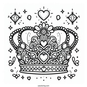 Pretty Crown Coloring Page With Heart Shaped Jewels For Kids