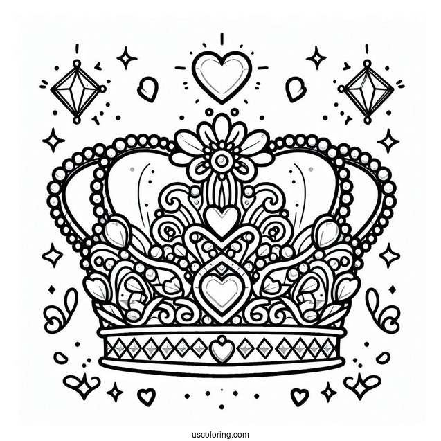Pretty Crown Coloring Page With Heart Shaped Jewels For Kids