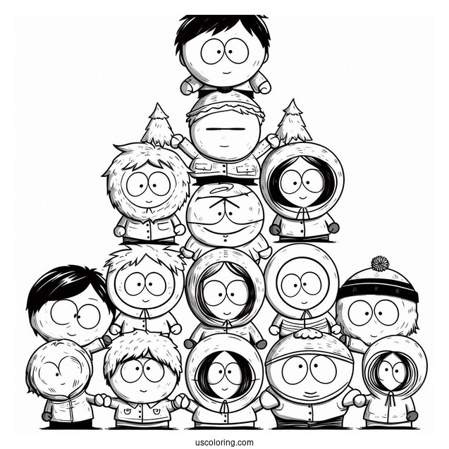South Park Coloring Page Of Kenny, Kyle, Stan, Tolkein, Eric, And Butters Forming Pyramid