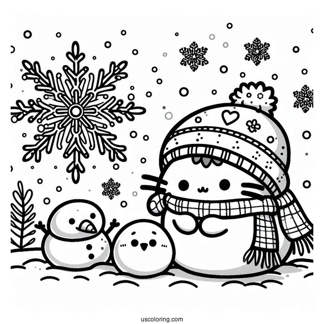 Snowflake Coloring Page Falling On Pusheen, Stormy, And Snowman