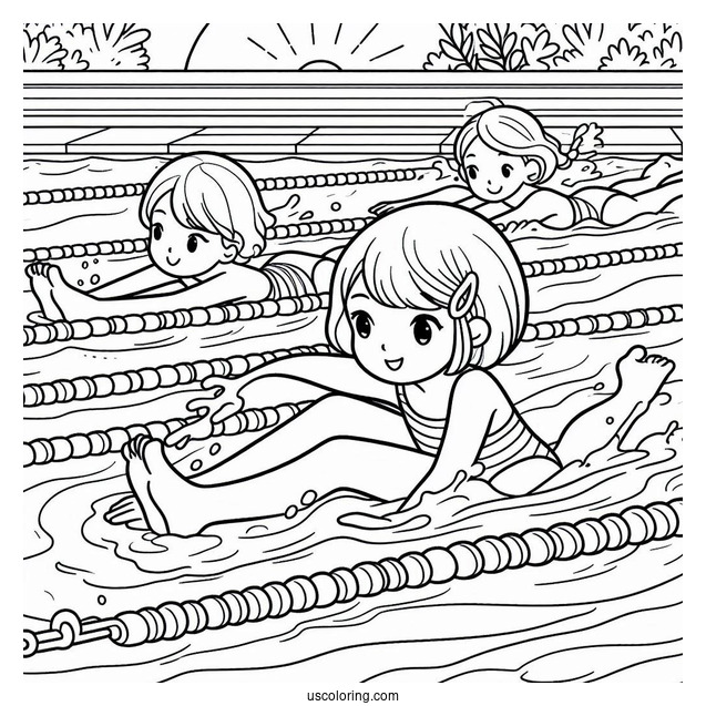 Swimming Coloring Page Of Children Holding Onto Lane Lines While Paddling Feet