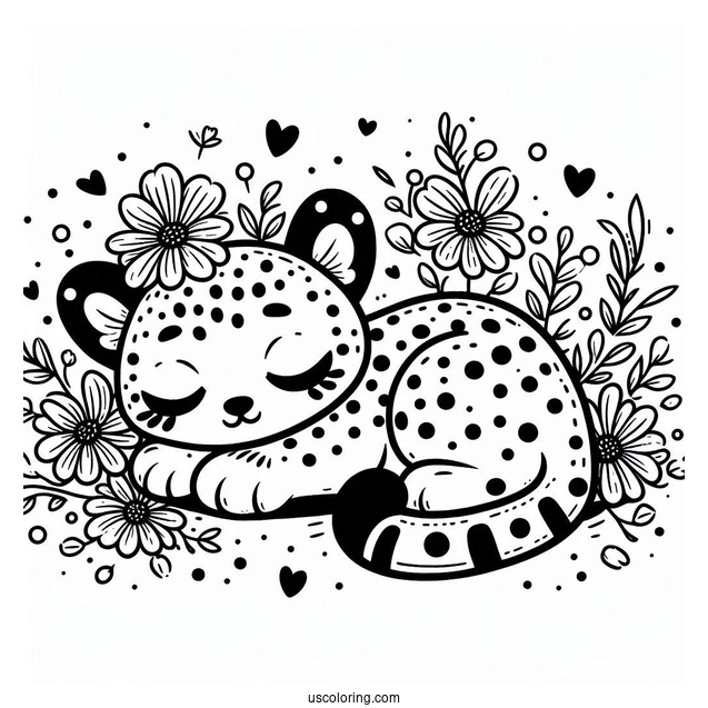 Kawaii Cheetah Coloring Page Sleeping On Its Back With Flowers