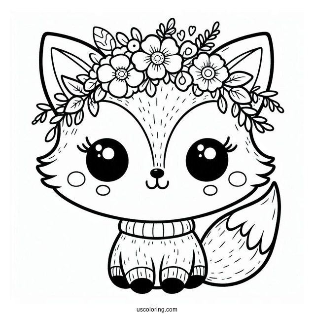 Easy Cute Coloring Page Fox Wearing A Flower Crown