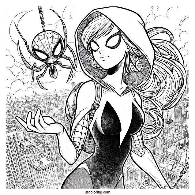 Detailed Spider-Gwen Coloring Page Holding Spider Gwen In Mid Air
