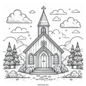 Small Church Coloring Page Surrounded By Trees For Preschoolers