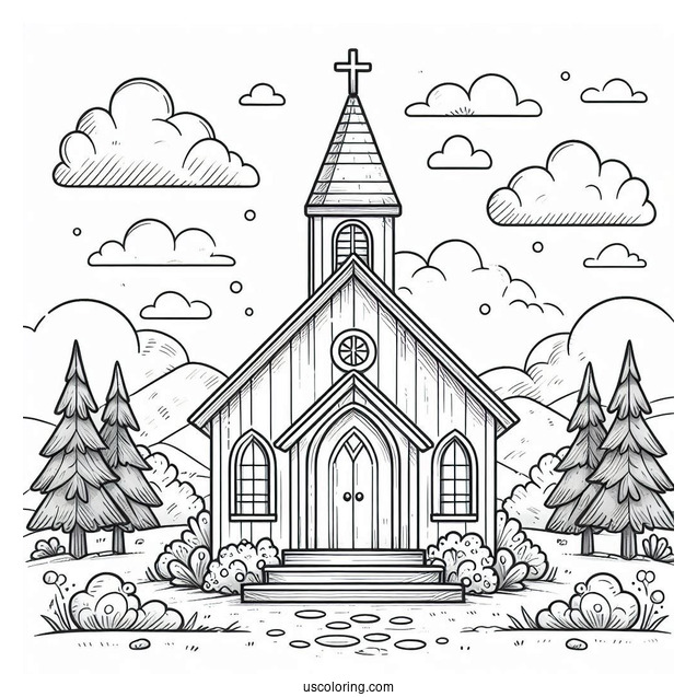 Small Church Coloring Page Surrounded By Trees For Preschoolers