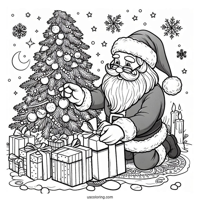 Father Christmas Putting Presents Under a Tree