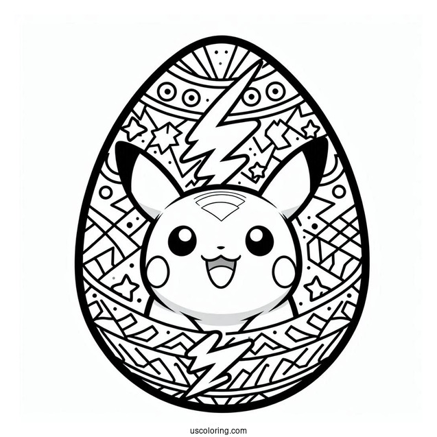 Pikachu Easter Egg Coloring Page Design with Thunderbolt Pattern