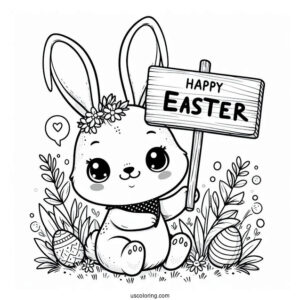 Easter Coloring Page Of Smiling Bunny Holding Happy Easter Sign For Kids