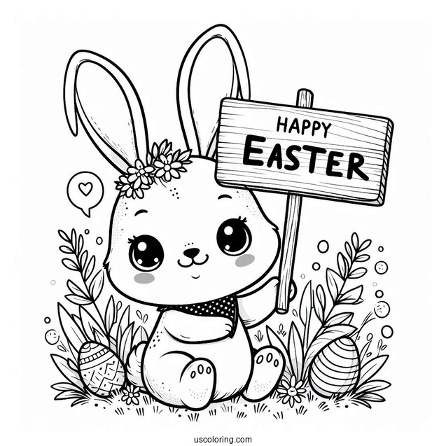 Easter Coloring Page Of Smiling Bunny Holding Happy Easter Sign For Kids