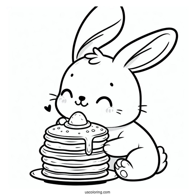 Simple Bunny Eating Fluffy Pancake Coloring Page For Preschoolers