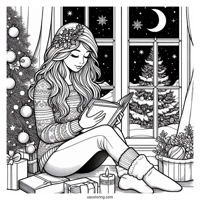 Christmas Coloring Pages For Adults Of Woman Reading Book Beside Window On Christmas Day