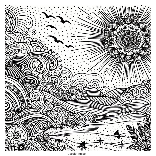 Beach Coloring Page Mandala With Large Waves