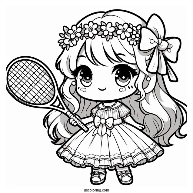Kawaii Chibi Princess Daisy Coloring Page Holding Tennis Racket For Preschoolers