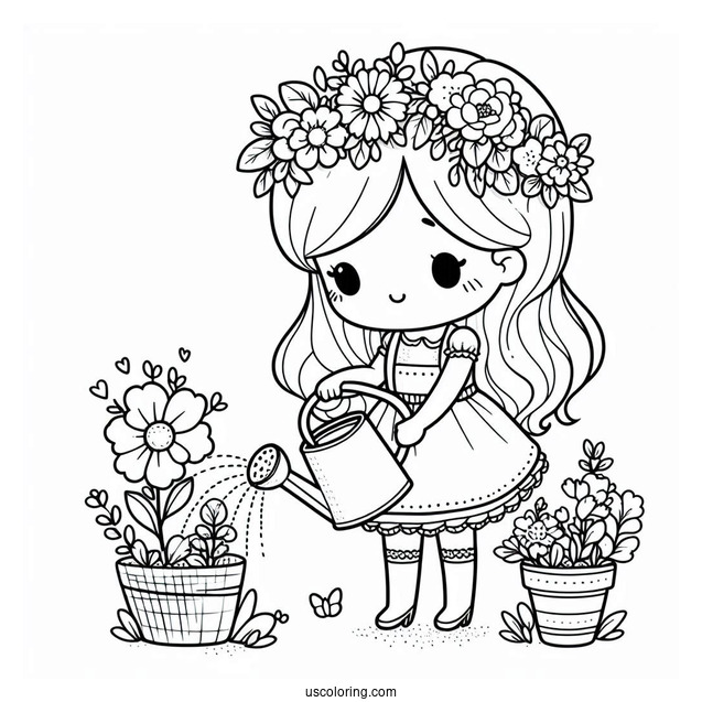 Cute Girl Watering Spring Coloring Page Flowers For Preschoolers
