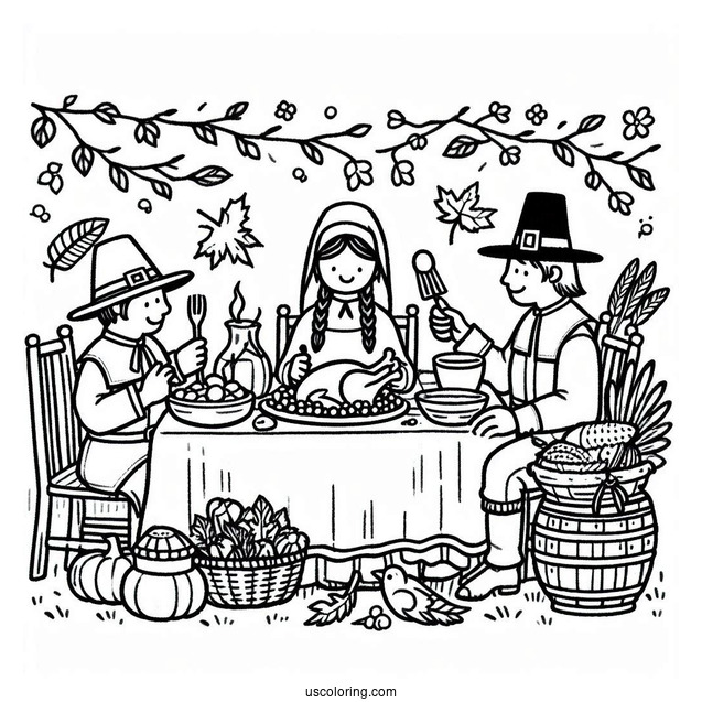 Pilgrim Coloring Page Eating Thanksgiving Feast With Native Americans