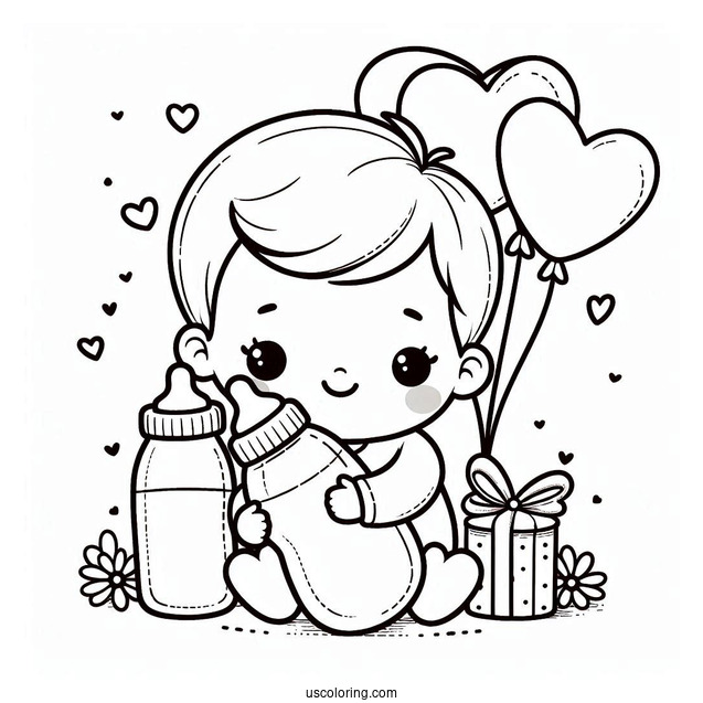 Baby Coloring Page Hugging Milk Bottle With Heart Balloons