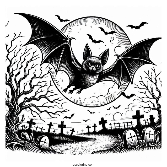Creepy Bat Coloring Page Flying Over Graveyard On Halloween
