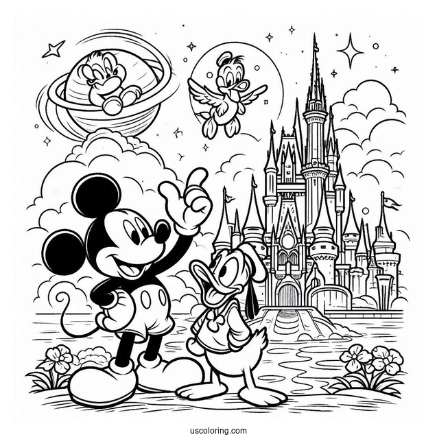 Mickey Mouse And Donald Duck With Pluto Coloring Page Outside Disney Castle