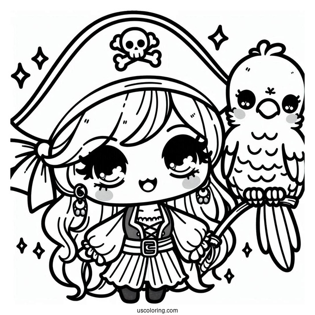 Kawaii Female Pirate Coloring Page With A Parrot For Preschoolers