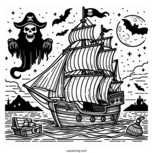 Scary Pirate In Front Of A Sailing Pirate Ship Coloring Page
