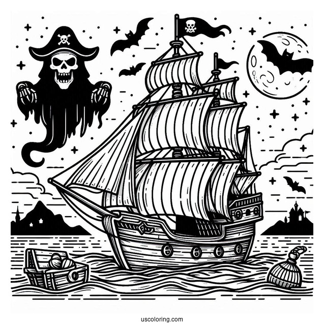 Scary Pirate In Front Of A Sailing Pirate Ship Coloring Page